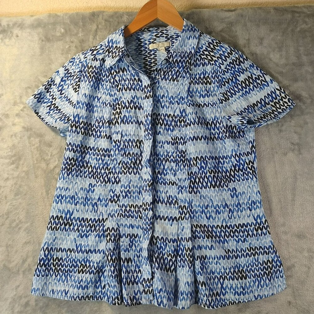Dana Buchman Womens S Blue Black Abstract Button Up Short Sleeve Office Blouse